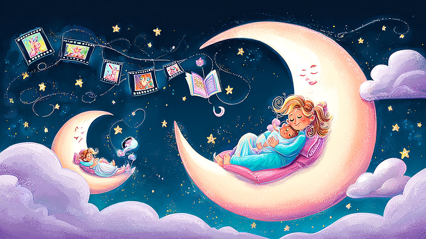 the tiny tales universe — mom and baby surrounded by stories, sleep, and memories